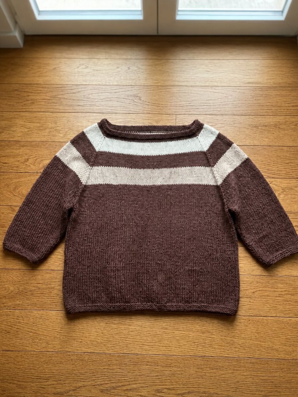Hand Knit Brown & Cream Striped Sweater 2X 3/4 Sleeve #180